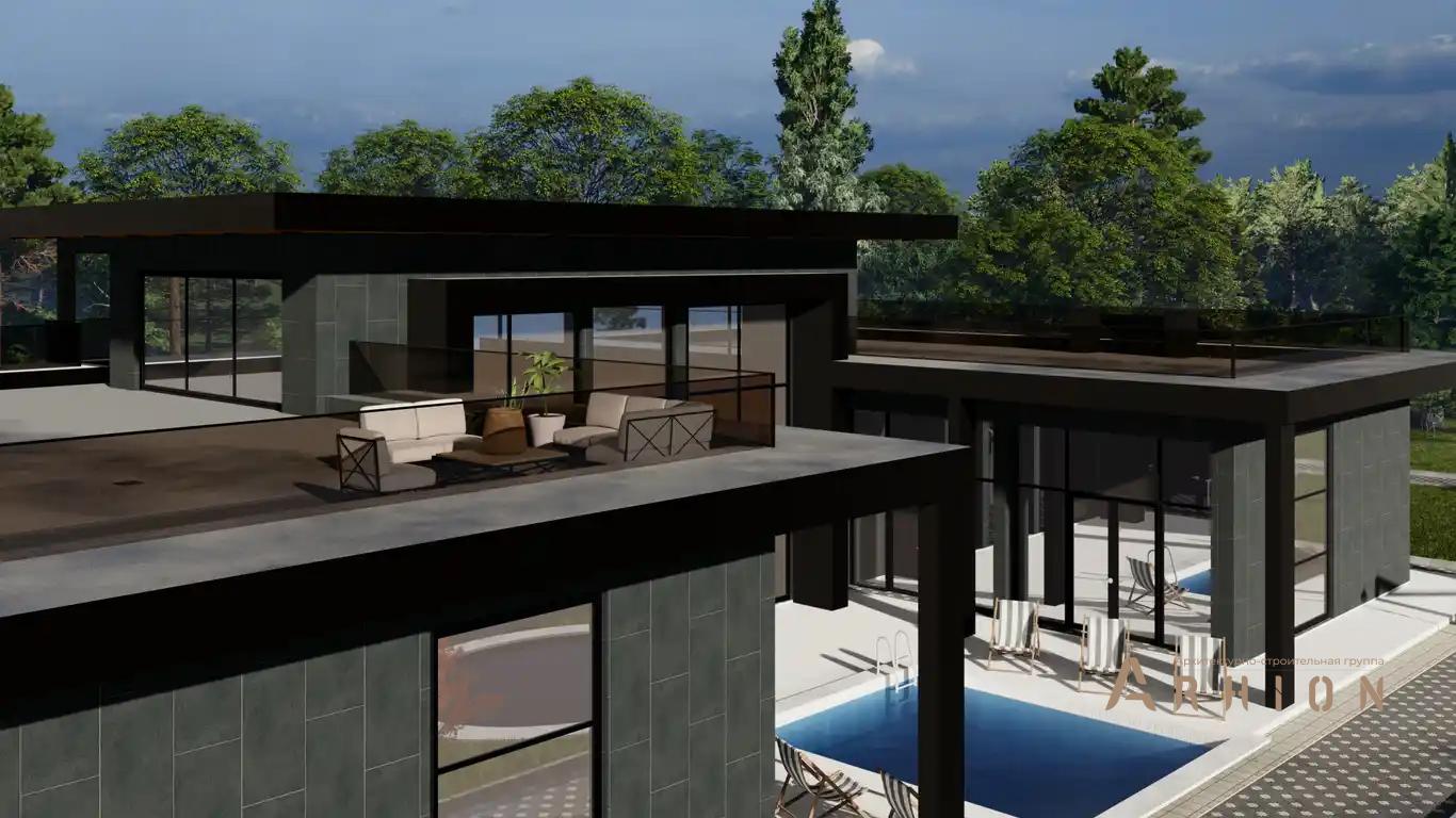 3. Проект двухэтажного дома в стиле хай-тек с плоской кровлей , h-1612, площадью - 545 кв c терассой, балконом, гаражом